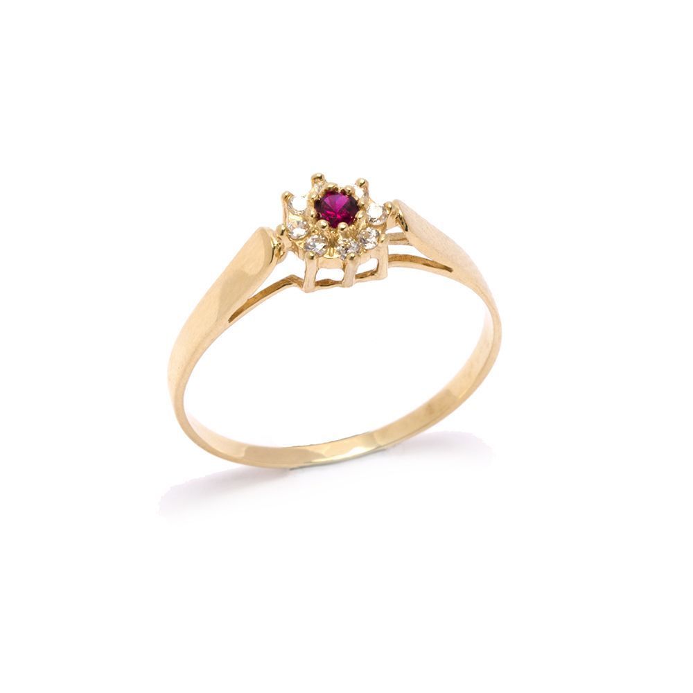 Anel Flor de Rubi Sint�tico em Ouro 18 Kilates - 20952